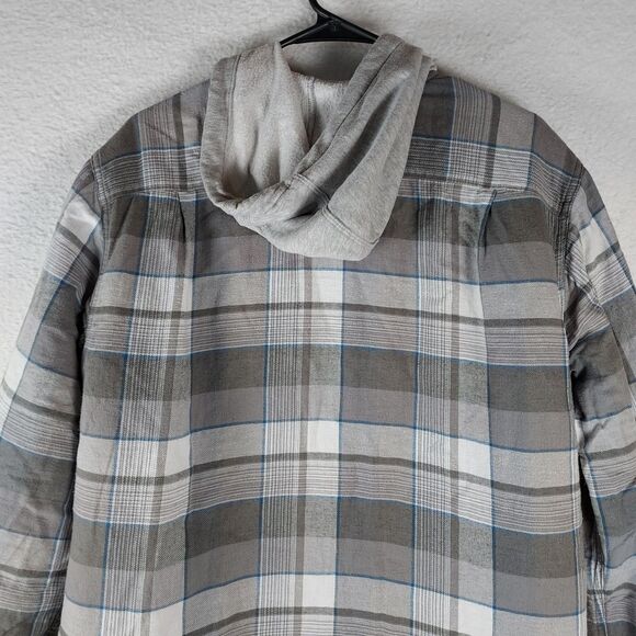 Wrangler Authentics Men’s Quilted Hooded Flannel Shirt Jacket Gray Plaid, Medium - Picture 5 of 14